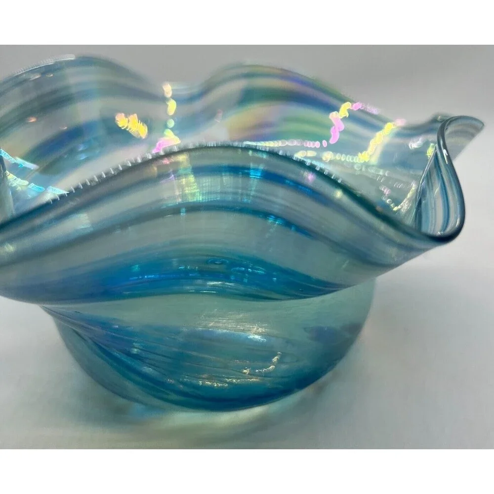 Signed art glass Blue Bowl swirls 2003 glass